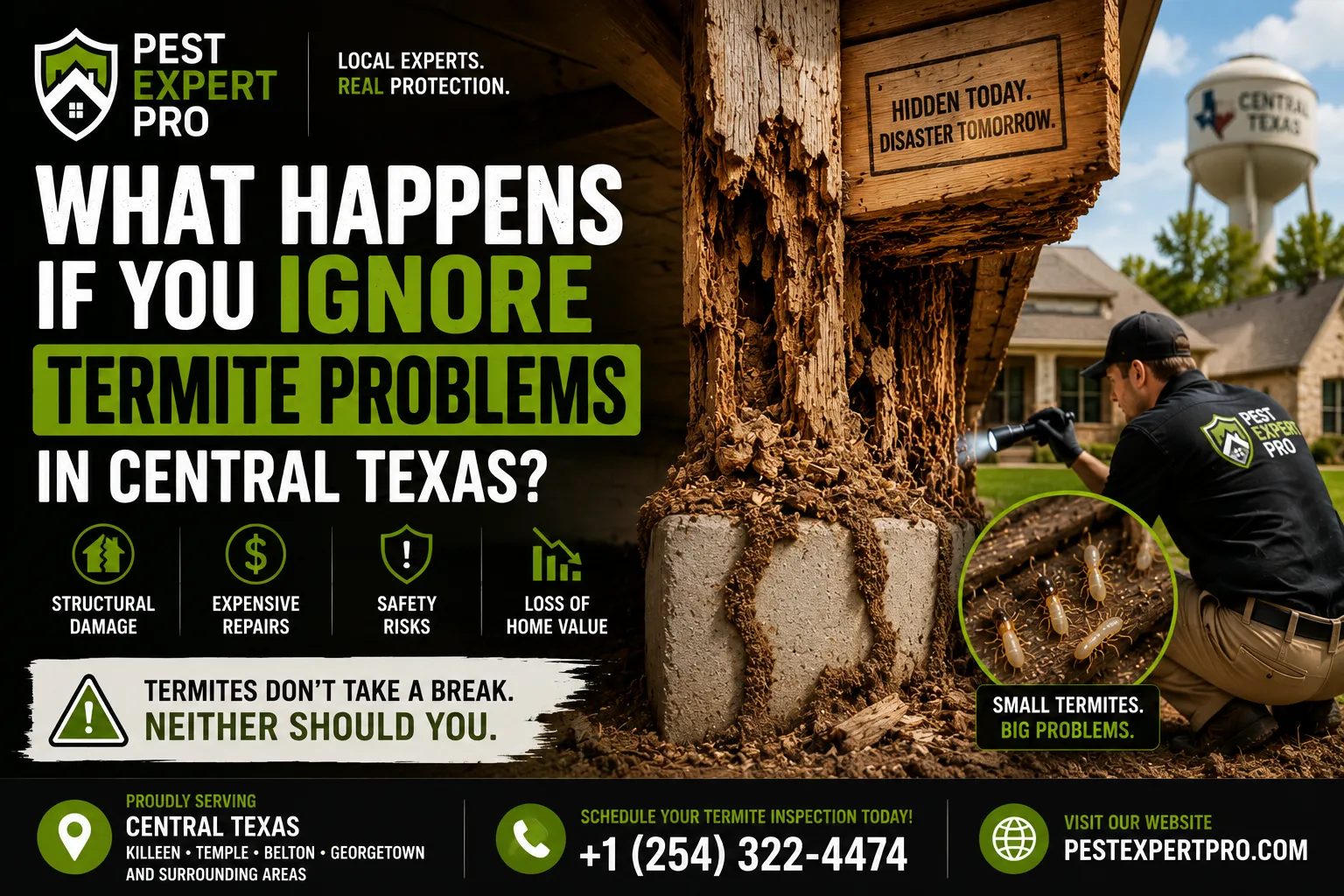 Severe termite damage in a Central Texas home's floor joists and wall framing.