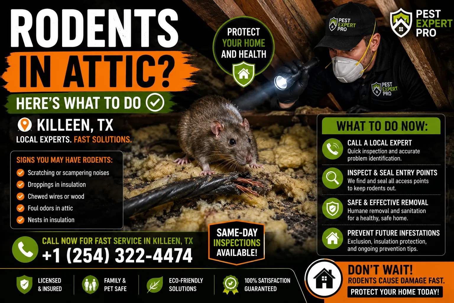 Roof rat inside a residential attic in Killeen TX causing insulation and wiring damage.